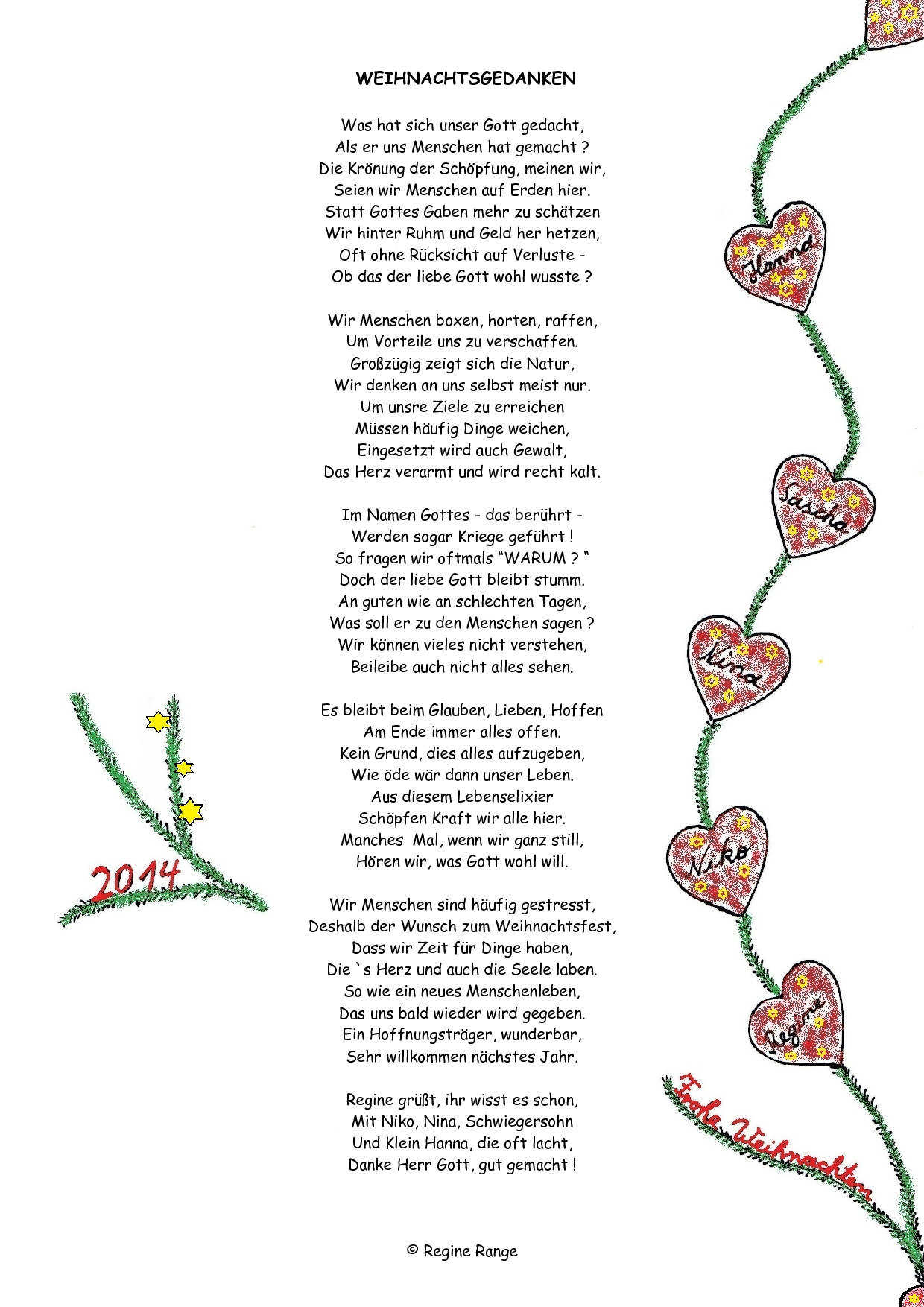 Weihnachtsgedicht Weihnachtsgedanken aus dem Jahr 2014.