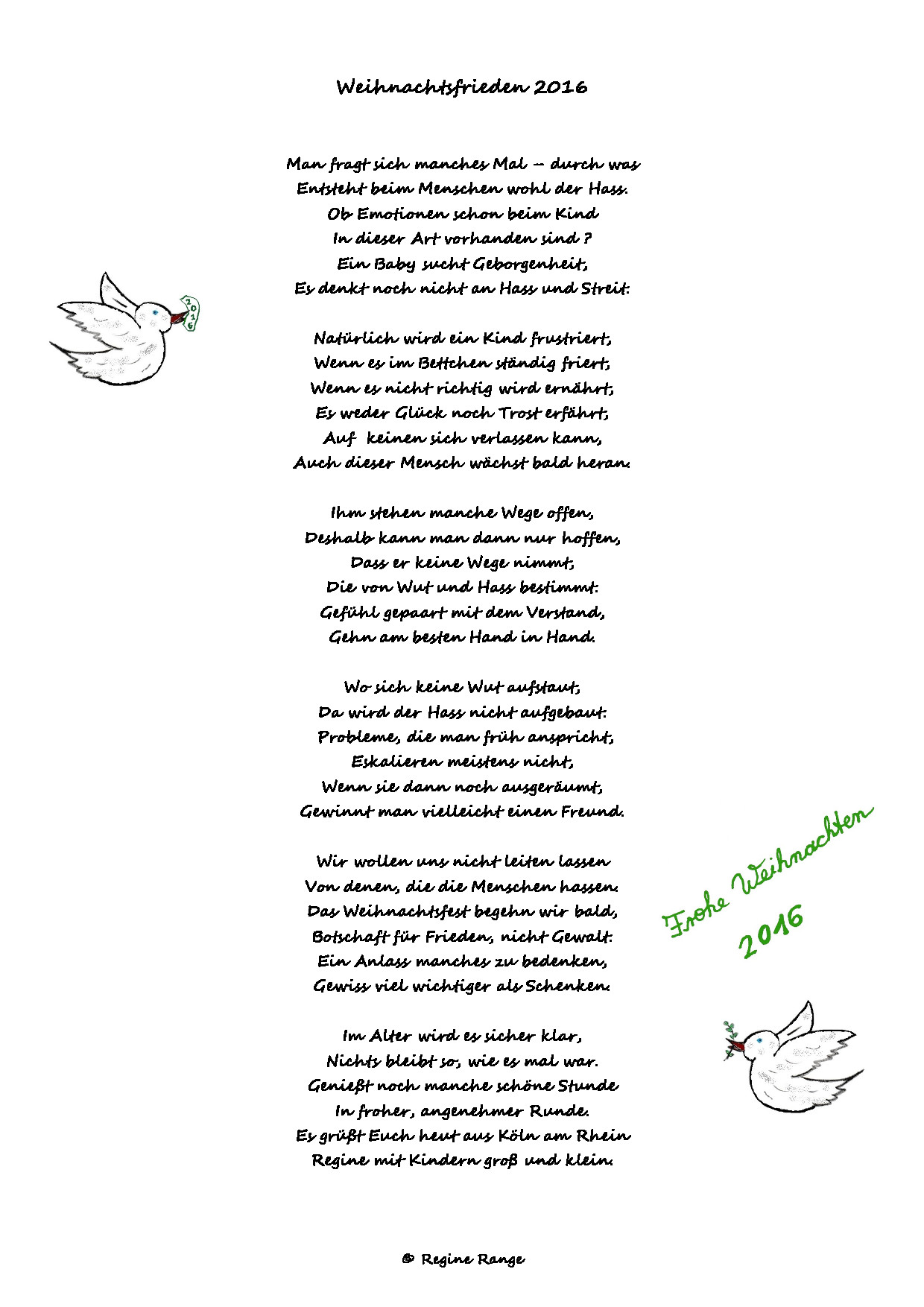 Weihnachtsgedicht Weihnachtsfrieden aus dem Jahr 2016.